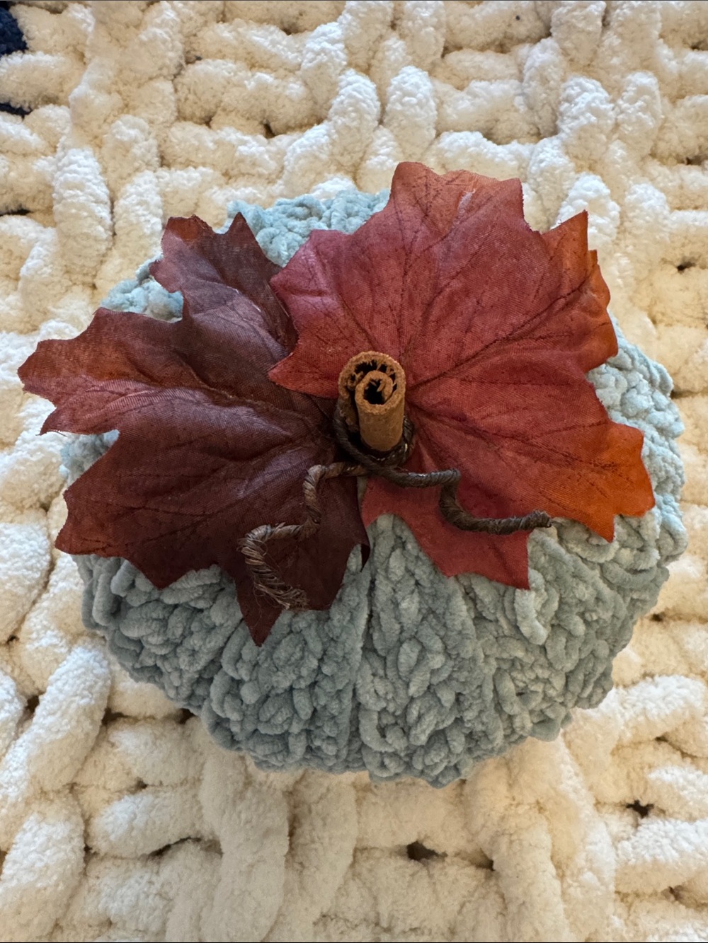 Handmade Knit Pumpkin Pillow with Autumn Leaves - Picture 2 of 2
